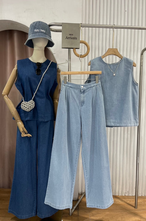 Denim Round Neck Pleated Back Tops with Trousers Sets